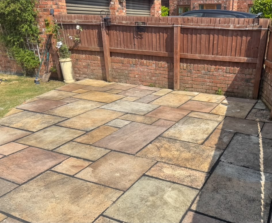 Finished patio paving in a rear garden